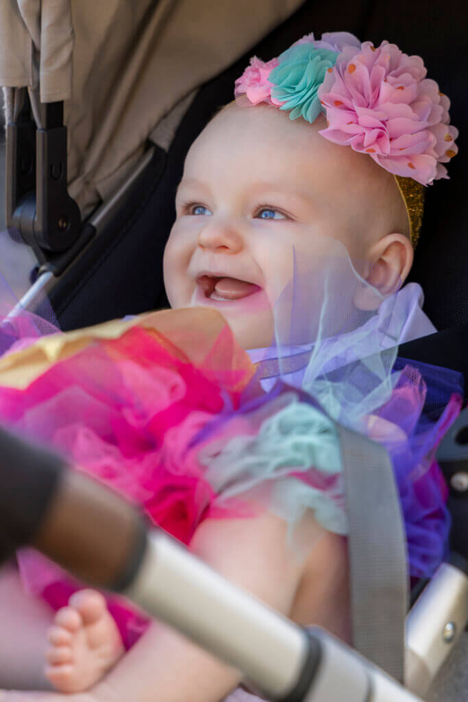 Clad in her finest, 4-month-old Molly Miller surveys the festivities from her royal carriage. Photo: Jean Fain/The Acton Bridge