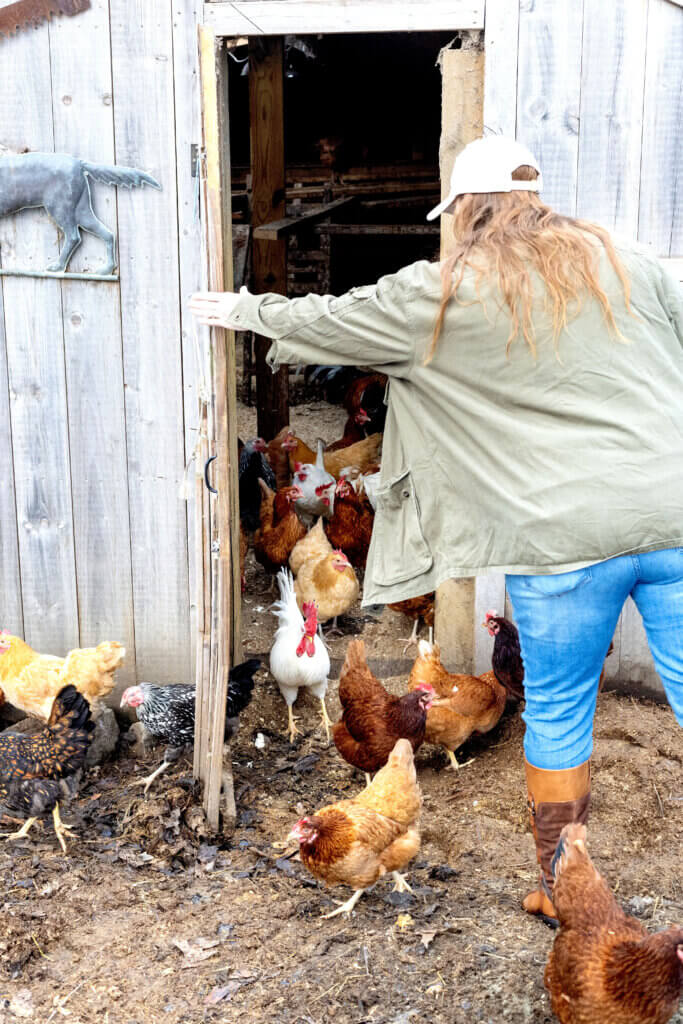 Michelle Poor opens the coop for a visitor. Photo by Carson Paradis
