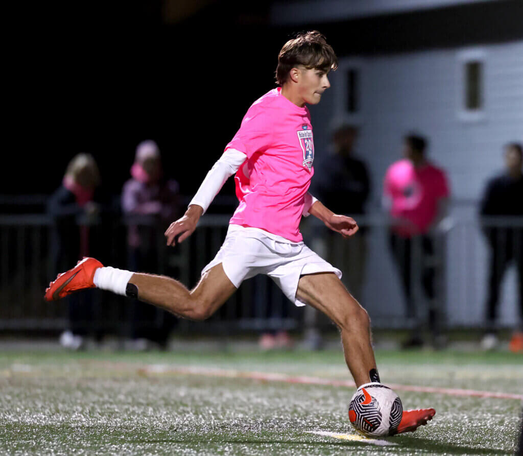 Acton-Carlisle’s Max Hepworth scores on a penalty kick to bring the score to 3-2 in the Patriots’ comeback bid against Lincoln-Sudbury.