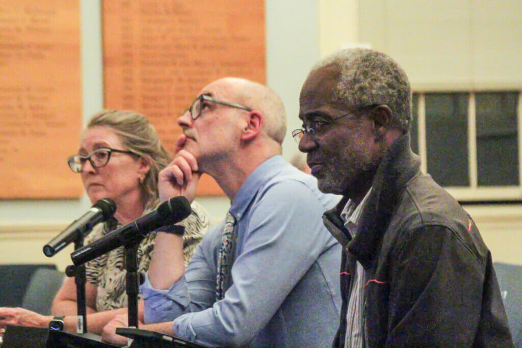 School Committee member Michael Williams, right, is supporting Black Heritage Trail Markers alongside others including town Economic Vitality Coordinator Mimi Graney, left, and Diversity, Equity, and Inclusion Commission member Joe Palumbo, center. Photo: Dakota Antelman/The Acton Bridge