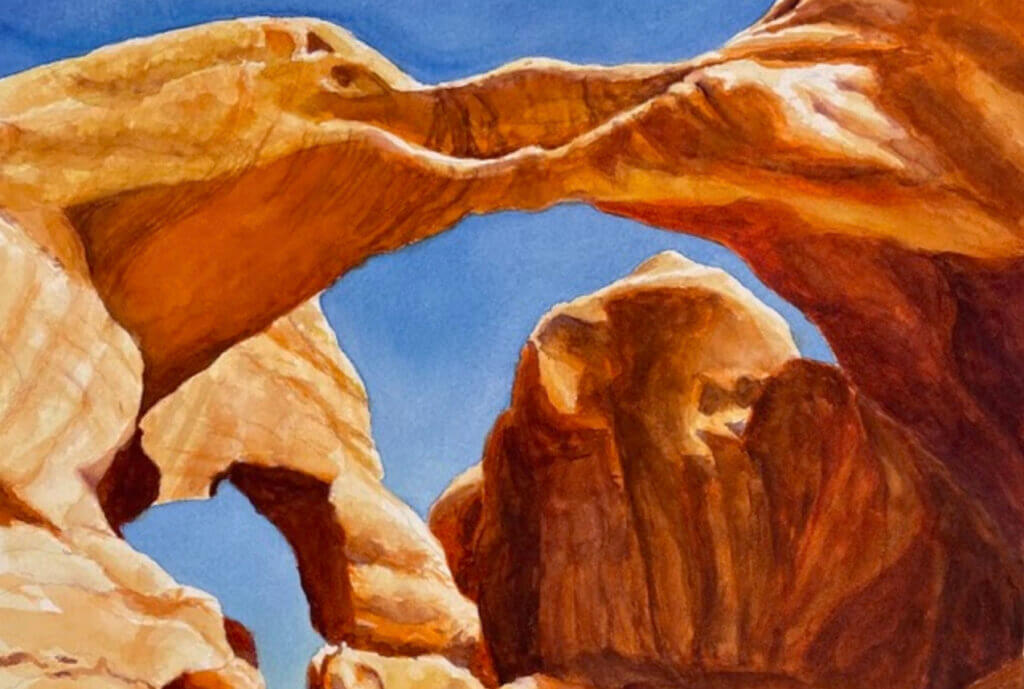 A watercolor of Arches National Park, created by McWilliams as a class assignment to balance foreground and background. Courtesy photo