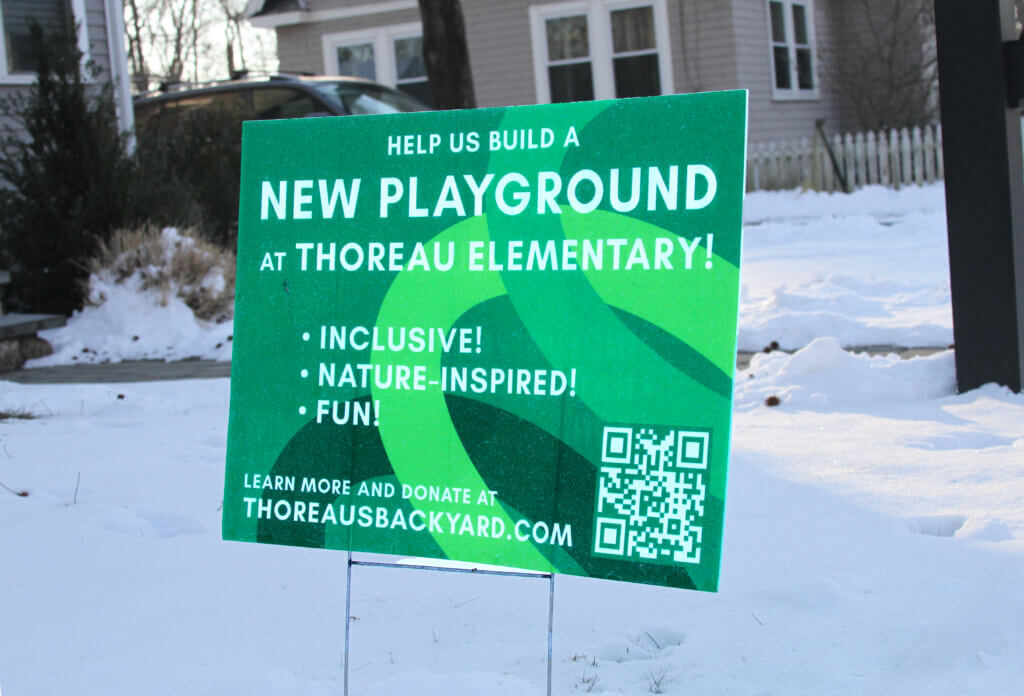Lawn signs promoting the Thoreau’s Backyard fundraising effort have popped up around Acton in recent months. Photo: Dakota Antelman/The Acton Bridge