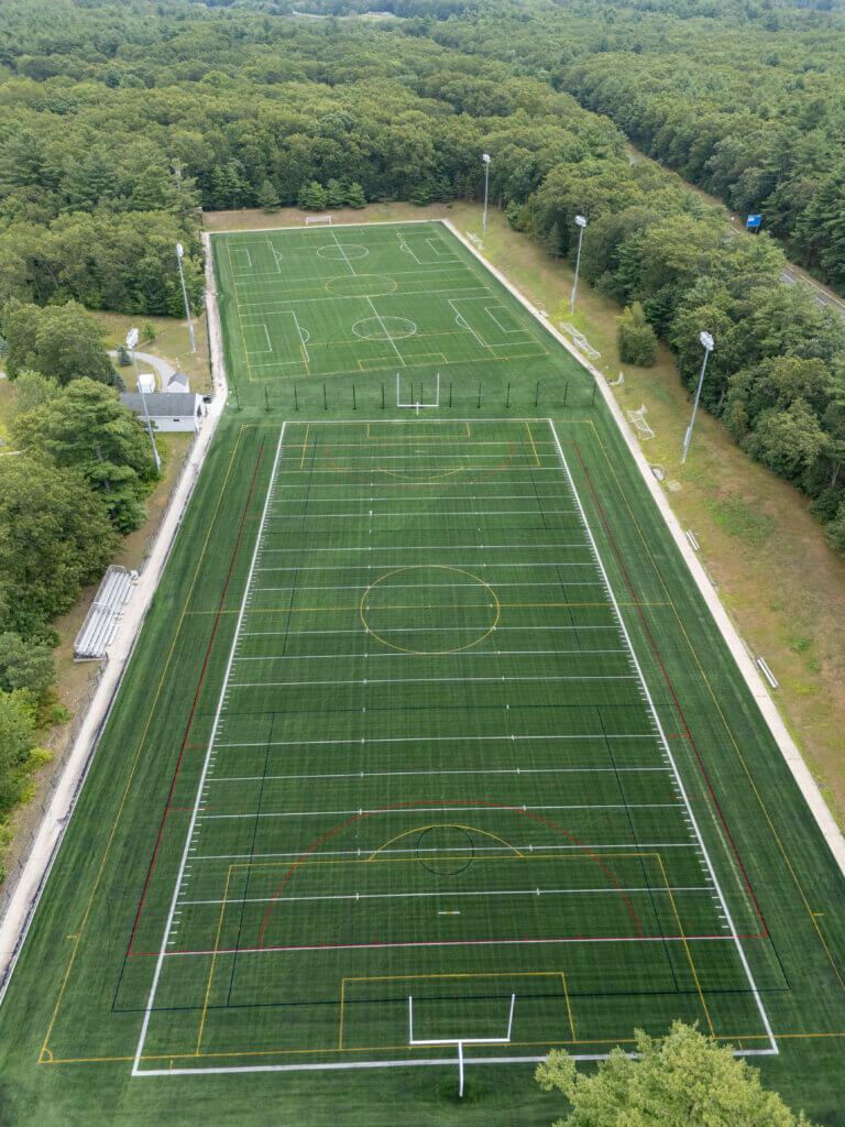 Drone photography from late July shows new turf at the Doug White Fields. Photo: Carl Calabria/The Acton Bridge