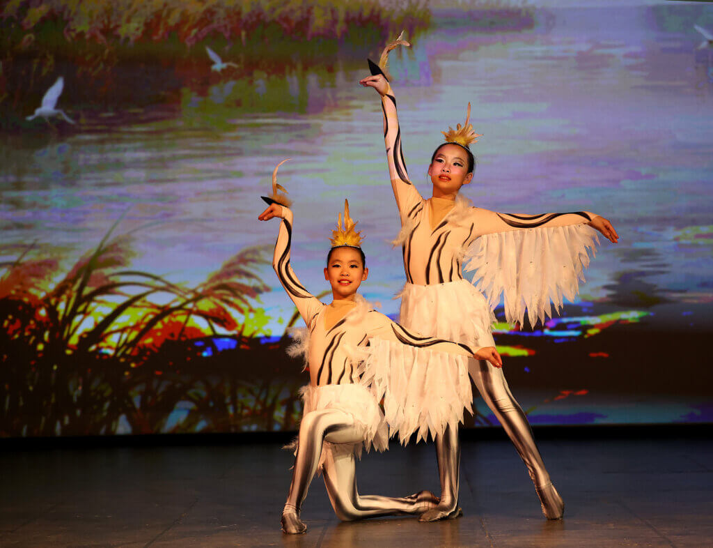 Amelia Qin and Miranda Luo, both ten and from Carlisle, perform as dancing egrets during the third annual Lunar New Year Celebration at Acton-Carlisle High School on Saturday, February 7, 2026. Ken McGagh/The Acton Bridge