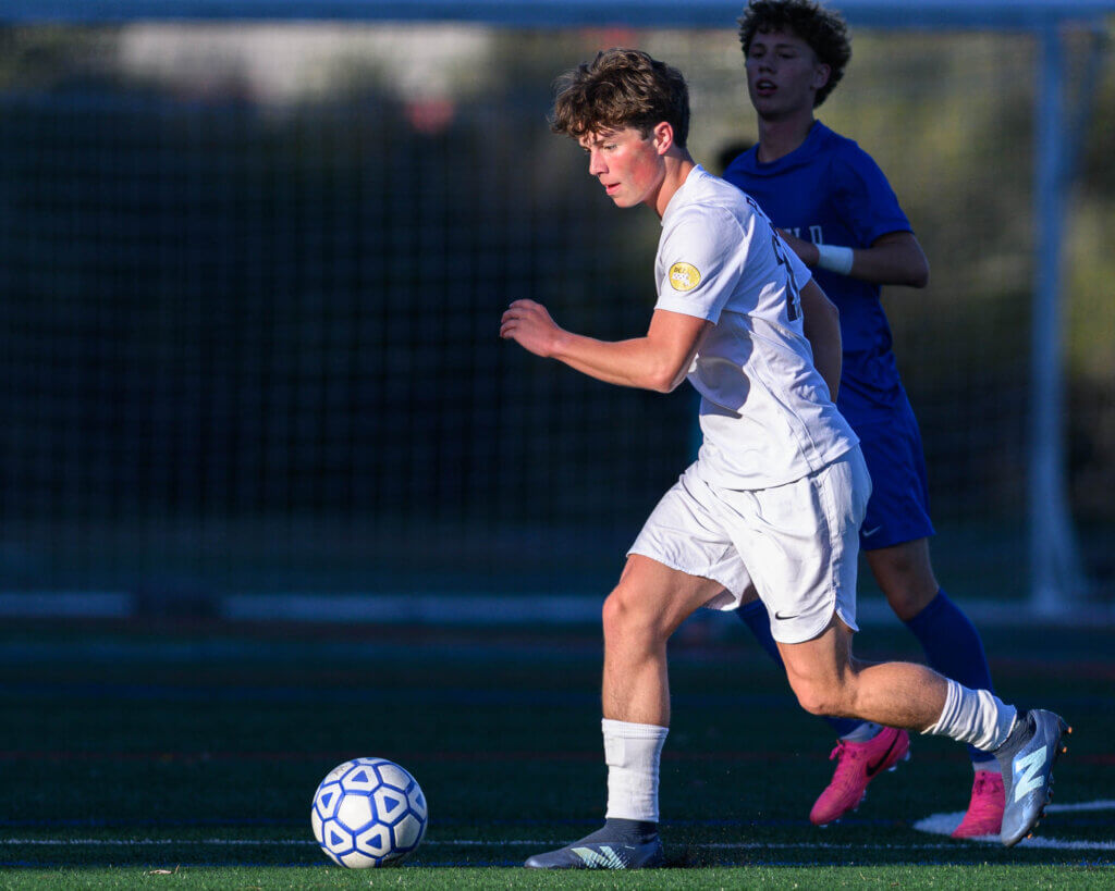 The Patriots’ Van Rowan eyes the ball against Bromfield on October 6. Photo by Jon Straggas
