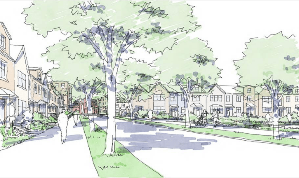 An illustration shows what a new neighborhood at the MCI-Acton site might look like. Image via Speck Dempsey