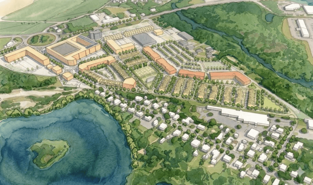 An aerial view shows what MCI-Acton redevelopment might look like with a relocated public works headquarters. Image via Speck Dempsey