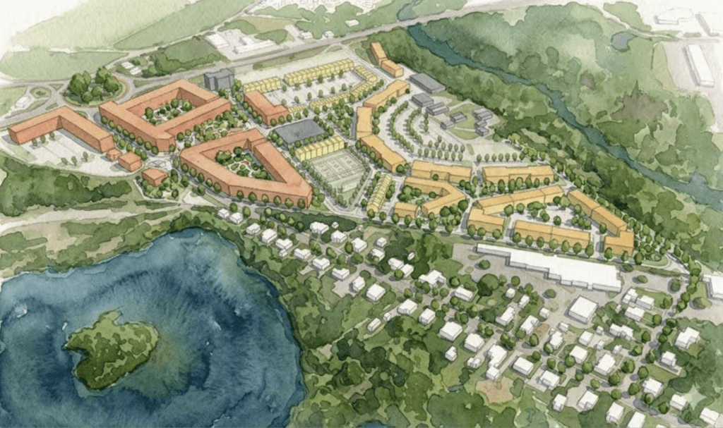 An aerial view shows what MCI-Acton might look like if the town doesn’t move public works to the property. Image via Speck Dempsey