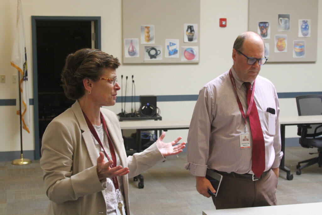 Schools Superintendent Laurie Hunter speaks during a tour of the Ripley Administrative Building. Photo: Dakota Antelman/The Acton Bridge