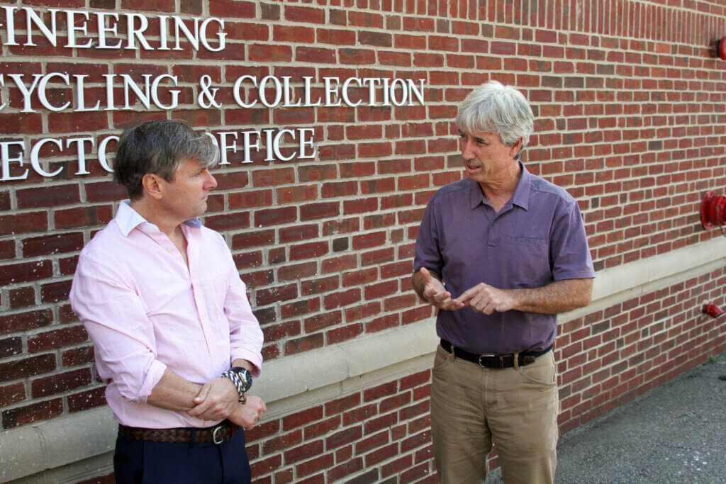 Land Use Working Group member Matt Boger, left, listens while Public Works Director Alan Cathcart discusses facilities challenges at the Keyes Road CPW campus. Photo: Dakota Antelman/The Acton Bridge