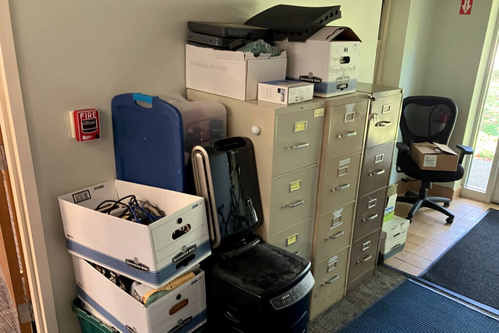 Short on storage space, public works staffers have piled goods in hallways throughout their headquarters. Photo: Dakota Antelman/The Acton Bridge