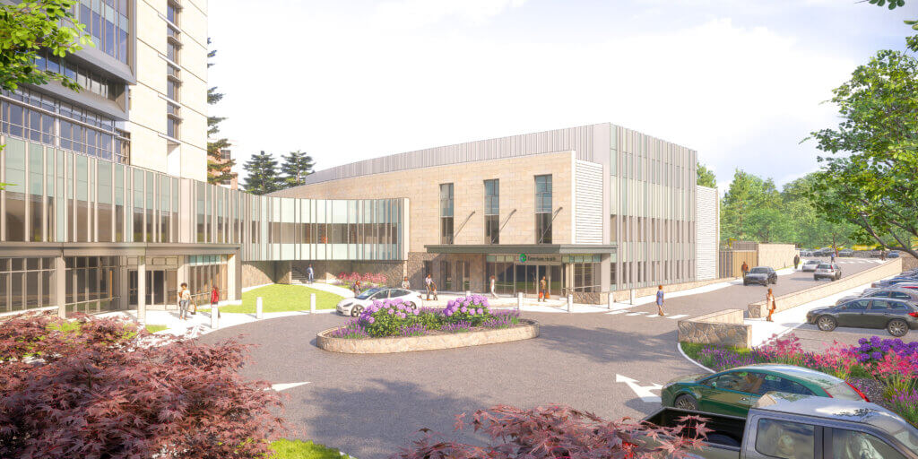 Concept illustrations envision a glass bridge connecting Emerson Hospital’s new emergency department to its main medical office building. Image via Emerson Health