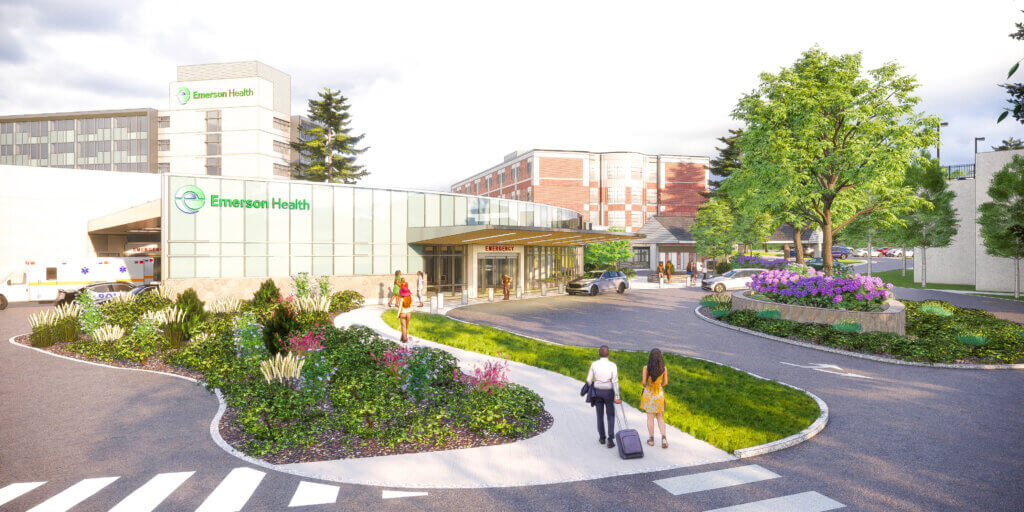 A concept illustration shows the proposed new emergency department as seen from Emerson’s main vehicle entrance off Old Road to Nine Acre Corner. Image via Emerson Health