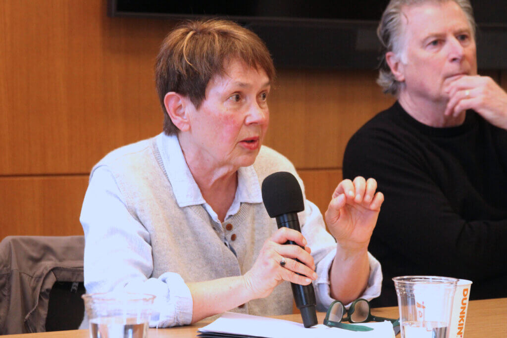 Select Board chair Mary Hartman speaks during a DEI Commission forum at the Acton Free Public Library. Photo: Dakota Antelman/The Acton Bridge