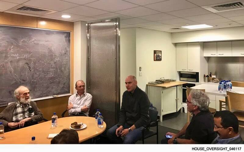 Harvard professor and Acton homeowner Martin Nowak, center, sits in a group with Jeffrey Epstein also pictured, right. Image via U.S. House Oversight Committee