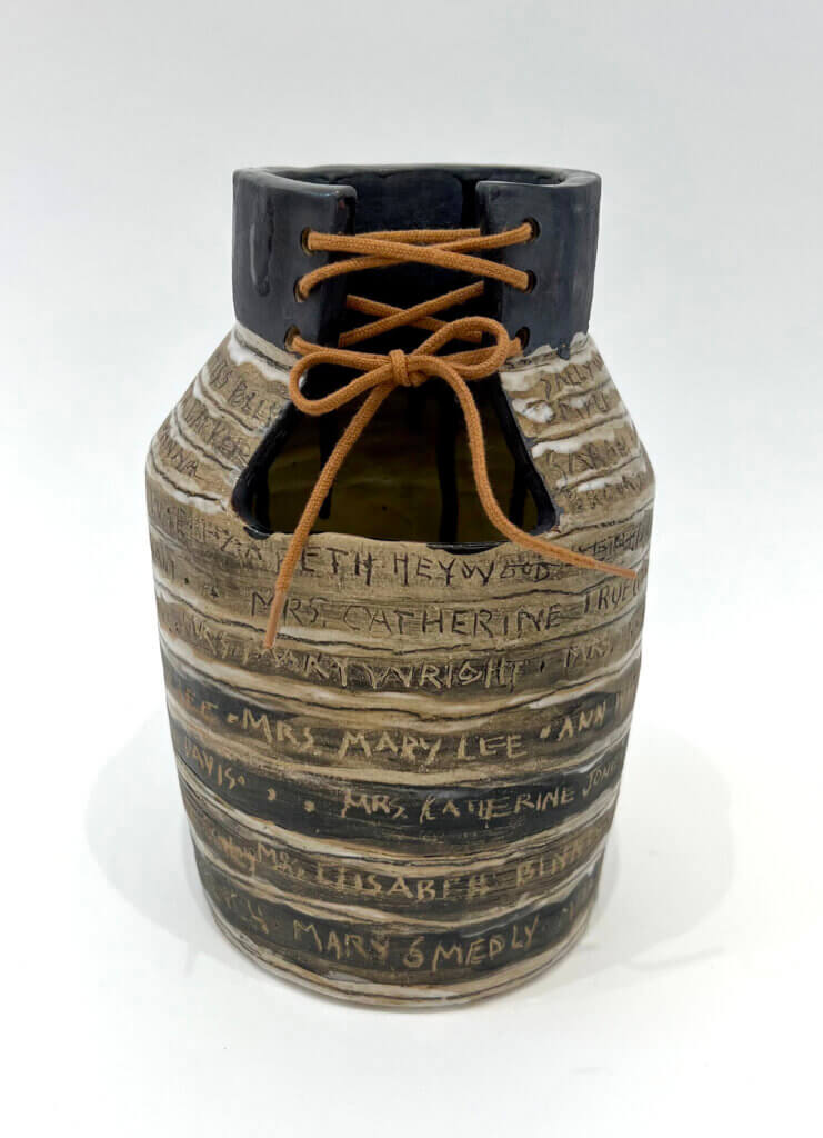 A clay vessel by Kathleen O’Hara of Acton, titled “Name Jug: For Women of the Old Burying Ground, Acton, MA.” Courtesy photo