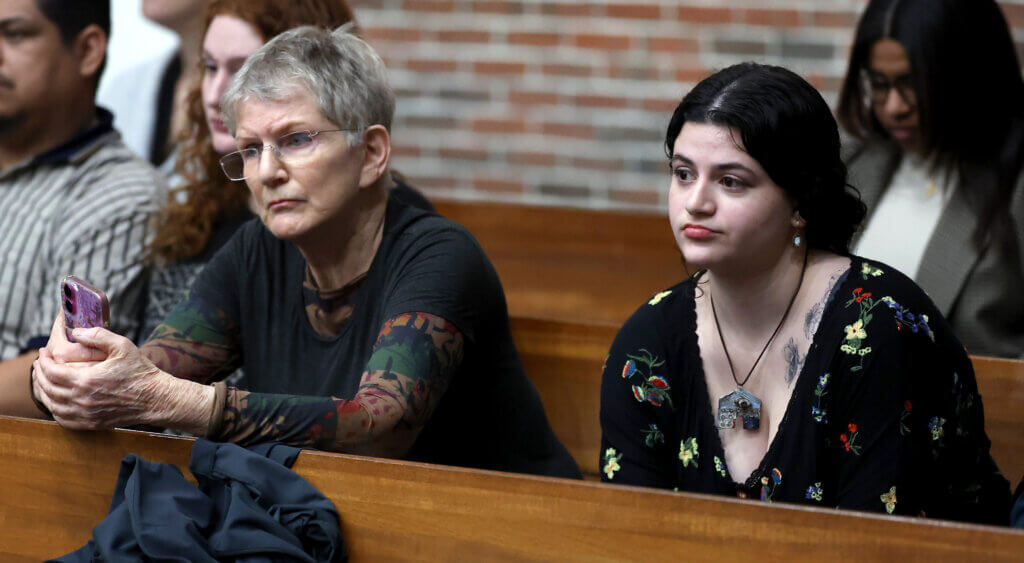 Tamar Vishlitzky’s mother Mareska and daughter Halle listen during a court hearing for the man who hit Vishlitzky with his car. Photo: Ken McGagh/The Acton Bridge