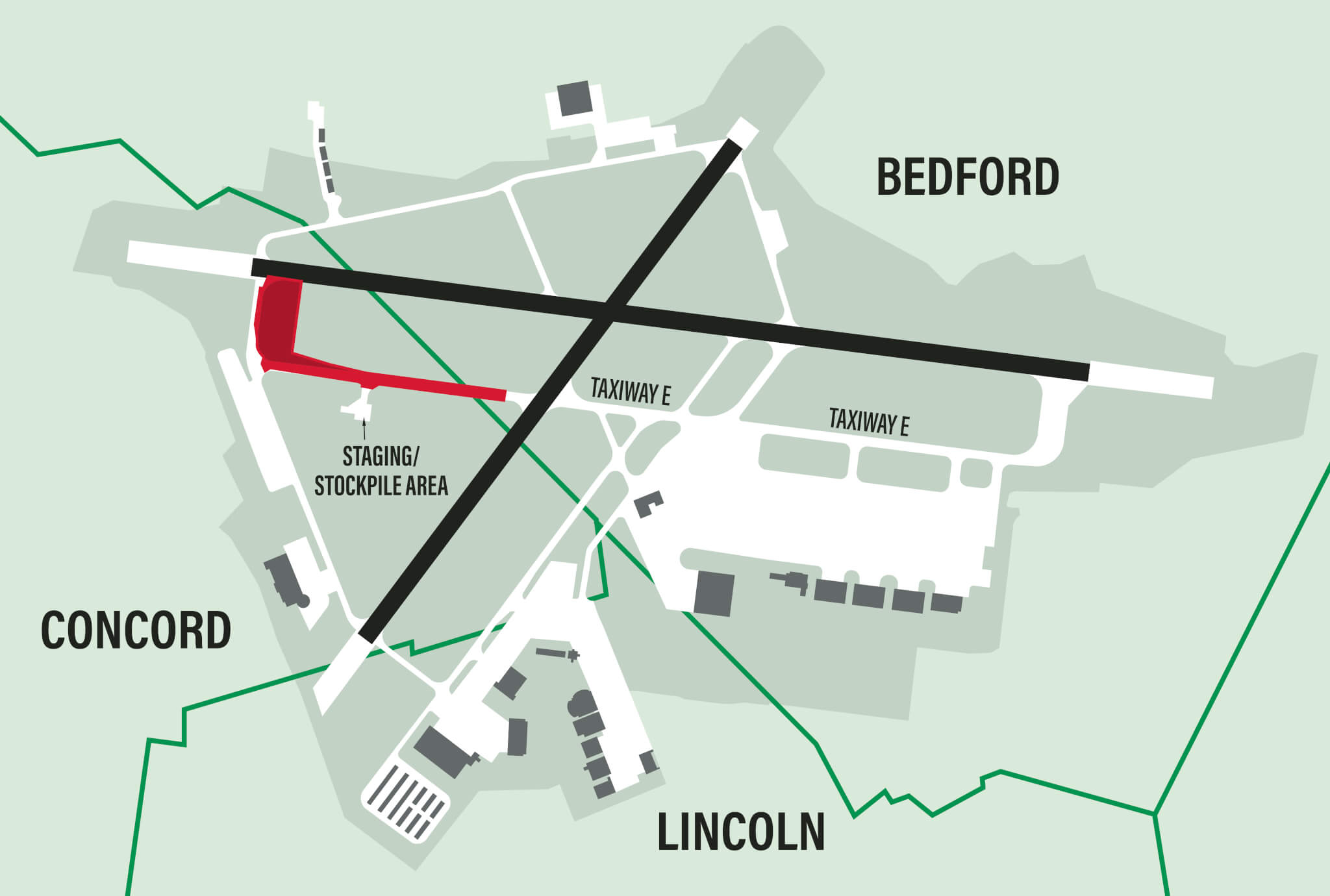 A planned taxiway repair and construction project is almost entirely located within Acton’s share of Hanscom Field. Graphic: Kim Carpenter/The Acton Bridge