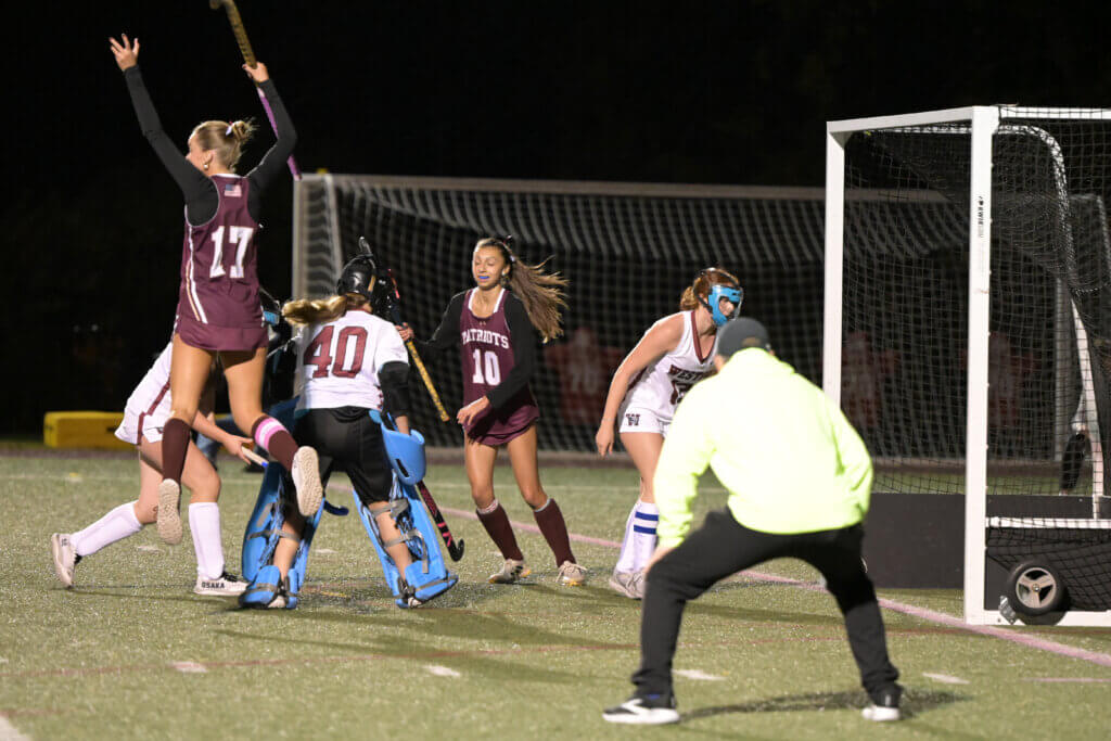 Seniors Brynn Chaffee and Sophia Arif celebrate the first goal of the Patriots' Senior Night win over Weston on October 23. Photo by David Clancy