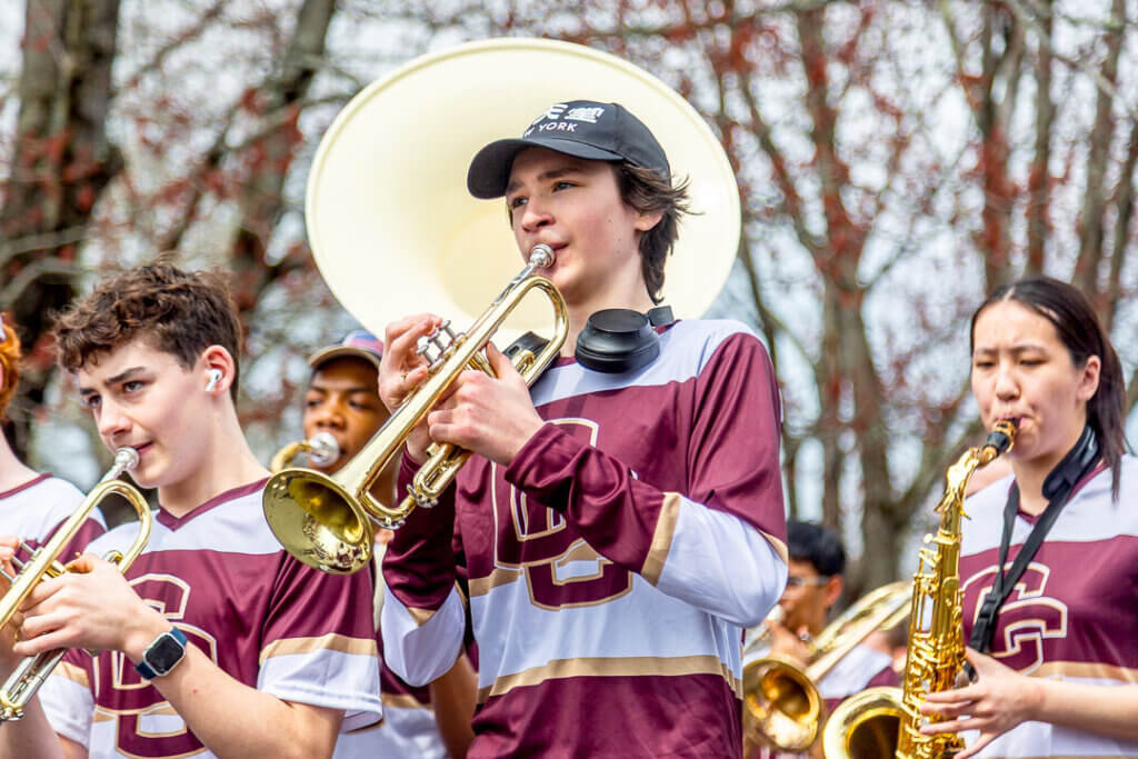 The Acton-Carlisle High School band kept the upbeat tunes coming on the route. Photo: Stephen Beyer/The Acton Bridge