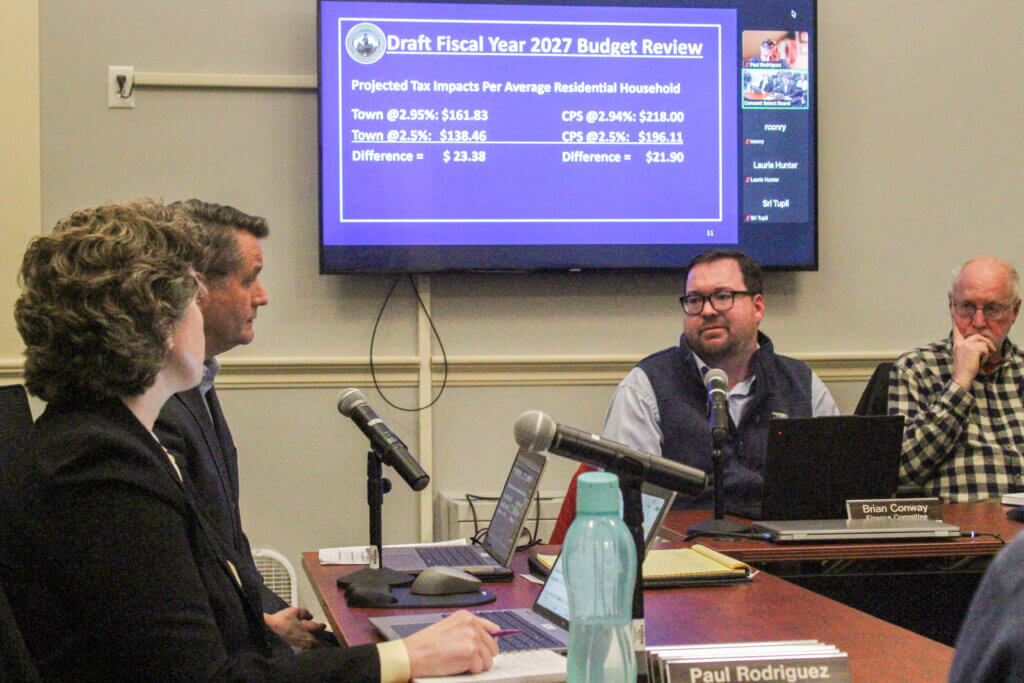 Chief Financial Officer Jennifer Barrett and Assistant CFO Ryan Ferrara answer questions from Finance Committee member Brian Conway. Photo: Dakota Antelman/The Acton Bridge
