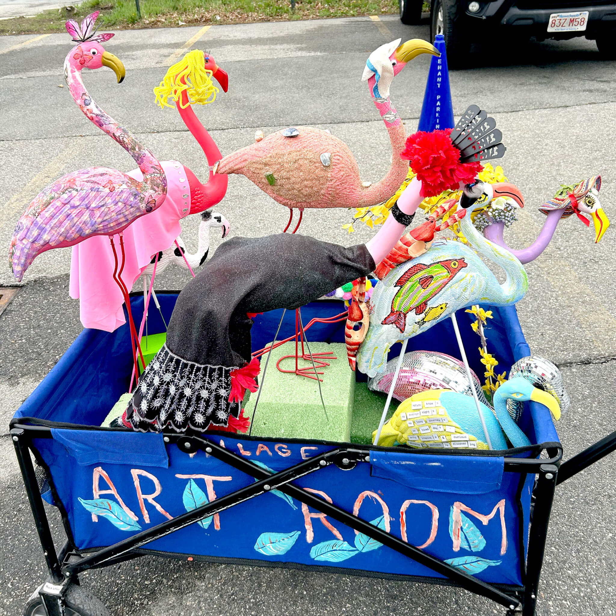 Ready for their debut, the Bingo Flamingos flocked to the Art for All wagon to be placed around West Acton for this year’s scavenger hunt. Courtesy photo