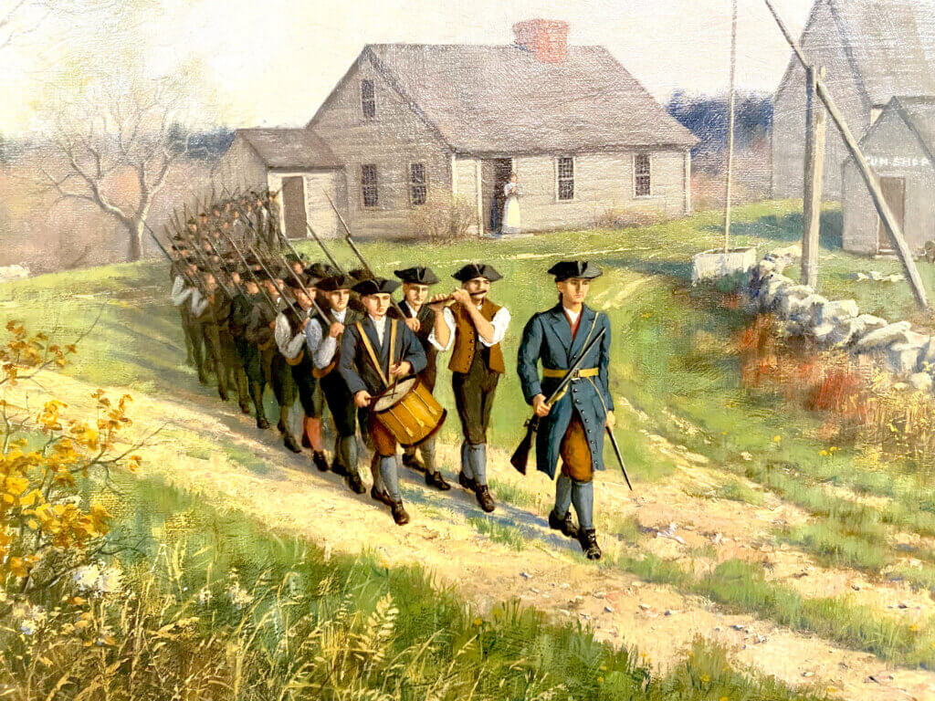 Detail from “Minutemen Leaving the Home of Captain Isaac Davis, April 19, 1775,” an oil painting by Arthur Fuller Davis in 1894, on display at the Acton Memorial Library. Photo by Margaret Carroll-Bergman