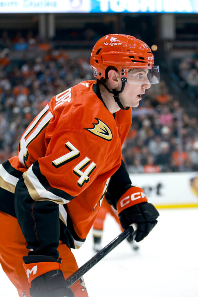 Ian Moore makes his debut with the Anaheim Ducks in April. Photo by Nicole Vasquez, Anaheim Ducks