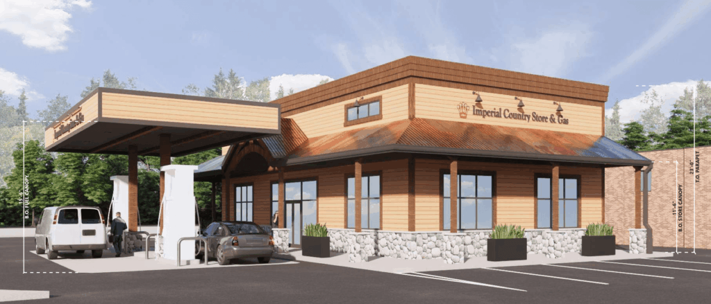 An illustration shows developer Kevin Meehan’s plan for a gas station and country store. Image via HFA Architecture + Engineering