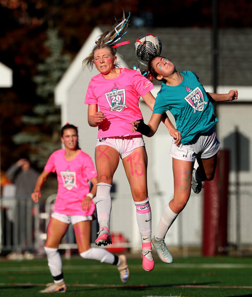 The Pats’ Ainsley Siefer, left, and Lincoln-Sudbury’s Nina Fragale vie for a header in the first half.