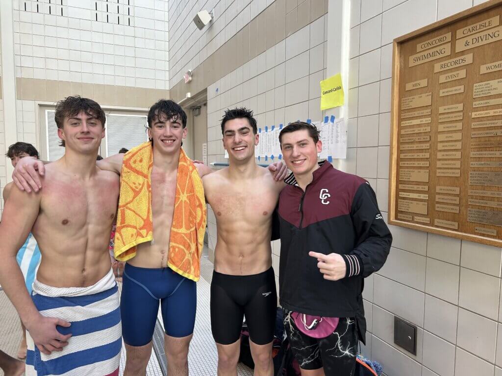 The 200-yard freestyle relay team posted a school record on Saturday. From left: Brandon Monaghan, Andrew Hodges, Presley Rodgers, and Cole Scafidi. Courtesy photo