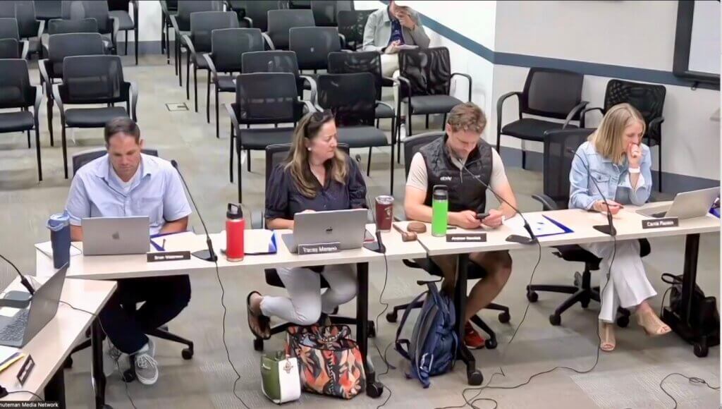 School Committee members Brian Waterson, Tracey Marano, Andrew Herchek, and Carrie Rankin. Screencap via Zoom