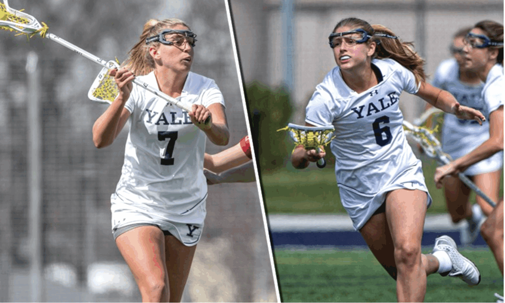 Former Patriots and sisters Fallon, left, and Payton Vaughn at Yale. Photo courtesy of Yale Athletics photos/New England Lacrosse Journal illustration