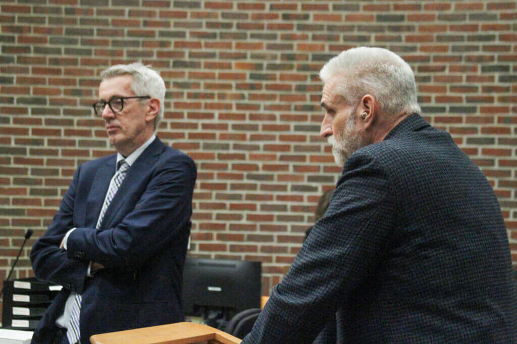 Concordian John Grace, right, appears in court on April 1 as his attorney, George King, argues a slate of motions. Photo: Dakota Antelman/The Acton Bridge