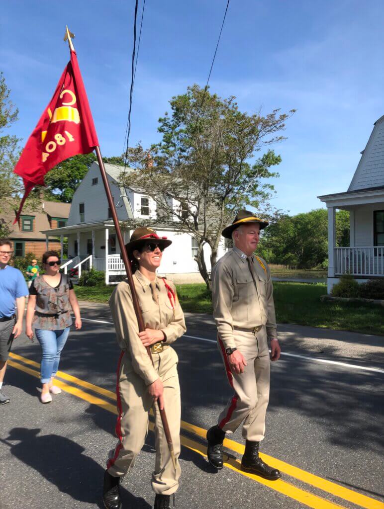 Abby Myette, left, carrying the guidon, and her dad, Peter, both members of the Acton Independent Battery. Courtesy photo