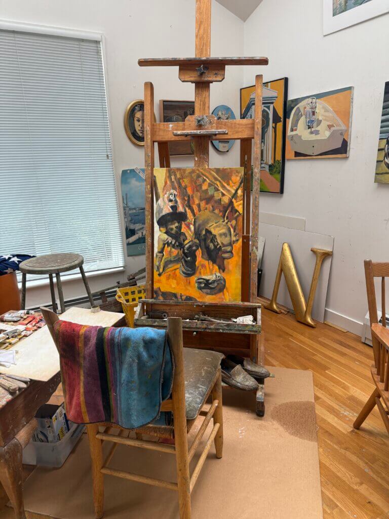 The artist’s easel sits in the light-flooded studio at his Acton home. Photo: Laurie O’Neill/The Acton Bridge