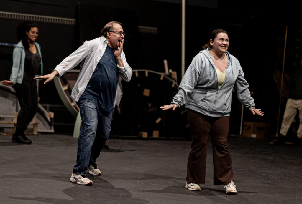 Pearl Scott (left), Robert Saoud (center), and Nora Sullivan (right) in rehearsals at The Umbrella Arts Center. Photo by Jim Sabitus