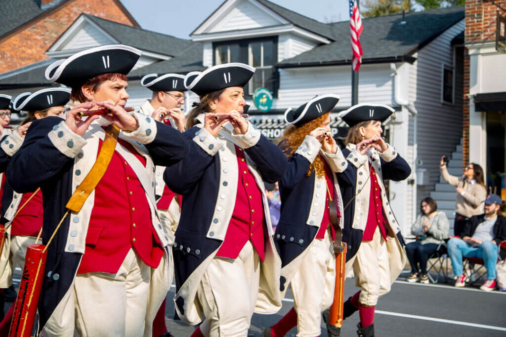 The Acton Minute Men Fife and Drum Corps on the march. Phtoto: Stephen Beyer/The Acton Bridge