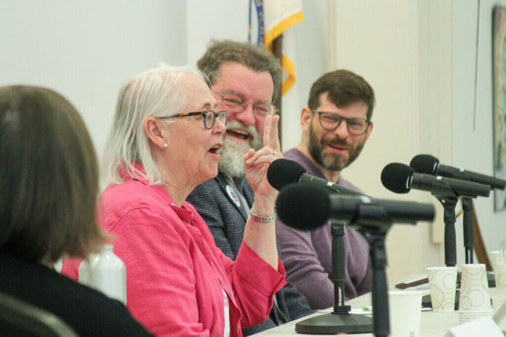 Town moderator candidate Karlen Reed drew smiles from attendees and fellow unopposed candidates Stephan Bader (Housing Authority) and Drew Magliozzi (School Committee) during last week’s Council on Aging forum. Photo: Dakota Antelman/The Acton Bridge