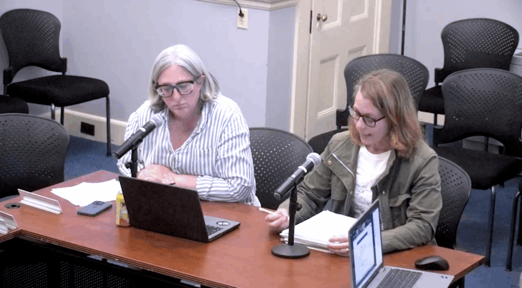 Acton-Carlisle School Committee chair Julie Viola (left) and public works commissioner Andrea Solomon (right) during an April 24 Finance Committee meeting. Image via Minuteman Media Network