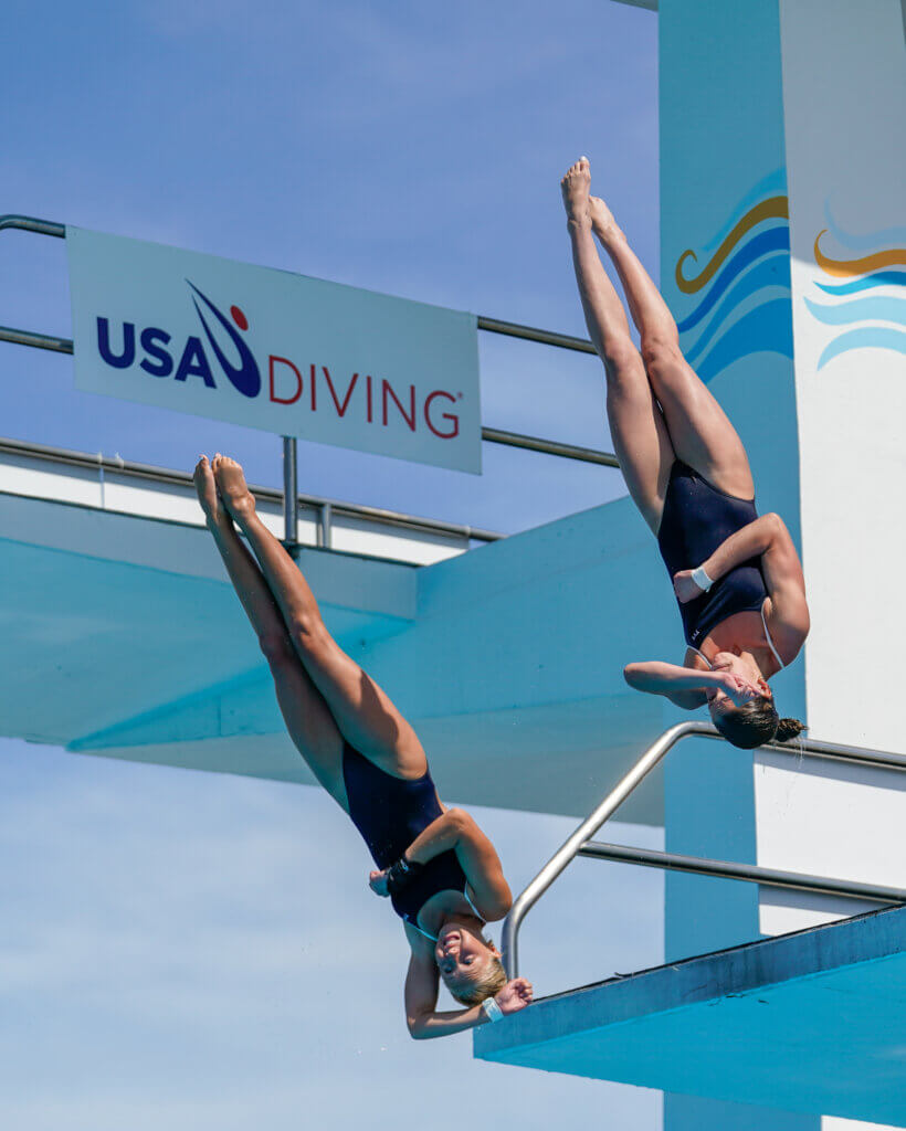 Mulbury, left, and Herz in mid-flight during the 2026 World Junior Diving Championships Trials in Coral Springs, Florida, in May. Photo by Oda Serix/USA Diving