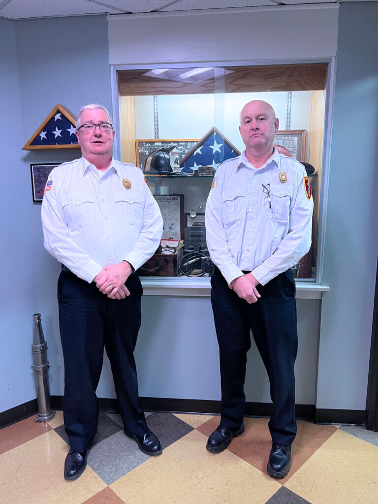 Fire Chief Thomas Judge, left, and Assistant Chief Brian Whitney at the Walden Street station. Photo: Celeste Katz Marston/The Acton Bridge