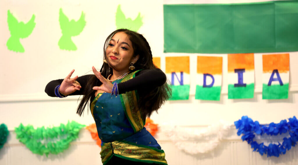 Neha Joshil, 18, a rising college freshman from Westford dances an Indian version of an Ed Sheeron song during Acton's second annual India Day celebration at First Parish on August 16, 2025, Ken McGagh/The Acton Bridge