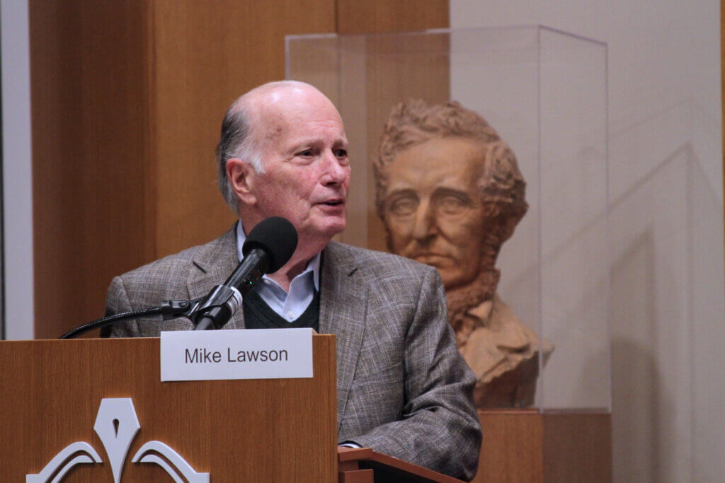 Economic Vitality Committee chair Michael Lawson speaks from the podium during a January 29 commercial development forum that the committee organized. Photo: Dakota Antelman/The Acton Bridge