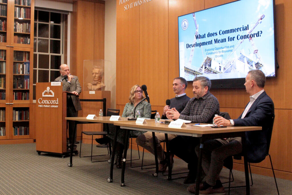 A January 29 commercial development forum at the Acton Free Public Library local businesspeople Jen McGonigle, Quentin Hart, Paul Rodriguez, and John Boynton as its panelists. Photo: Dakota Antelman/The Acton Bridge