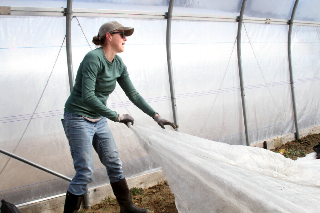 Barrett’s Mill Farm co-owner Lise Holdorf reveals a bed of greens inside a greenhouse built with federal grant funding. Photo: Dakota Antelman/The Acton Bridge