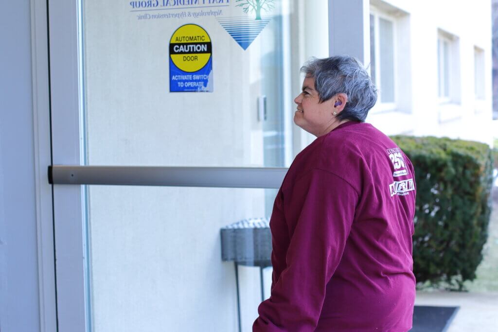 Valerie Lessa outside DCI Dialysis Clinic in West Acton, where she undergoes treatment three times a week. Photo: Trace Salzbrenner/The Acton Bridge