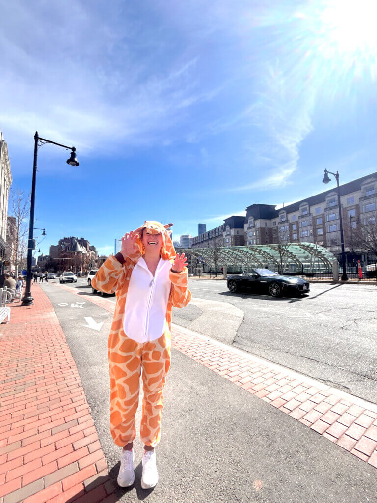 Eline Laurent wearing a giraffe onesie during a fundraising run for the Stepping Strong charity. Photo courtesy