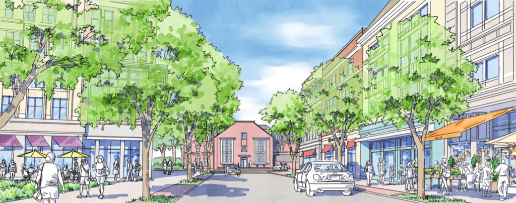 An illustration envisions mixed-use buildings on a redeveloped MCI-Acton property. Image via Speck Dempsey.