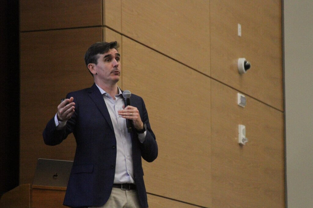 Chris Dempsey of the Speck Dempsey consulting firm addresses attendees at an October 6 informational session. Photo: Dakota Antelman/The Acton Bridge